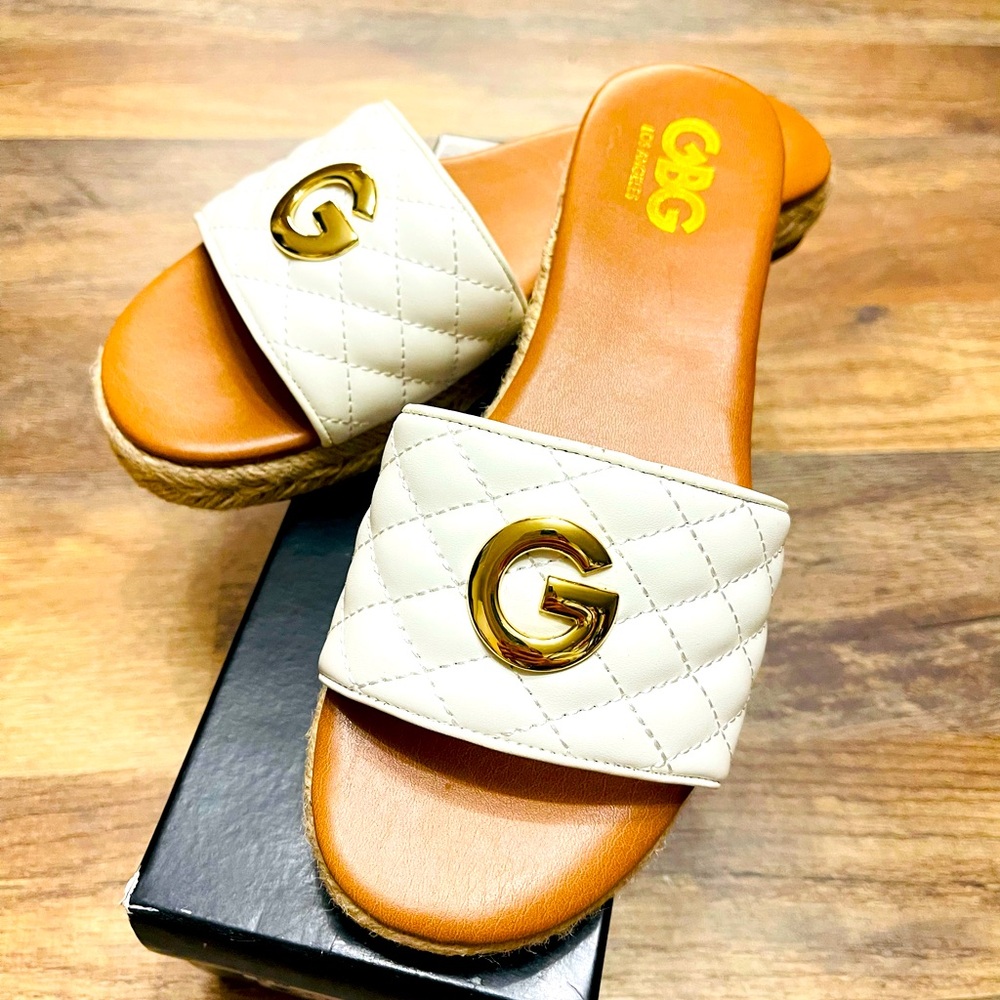 G by Guess Quilted White Slide Sandals with Gold Accent